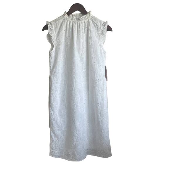Nanette Lepore Dress Women‎ 2 White Ruffle Neck Eyelet Dainty Cottagecore Beachy - Picture 1 of 11